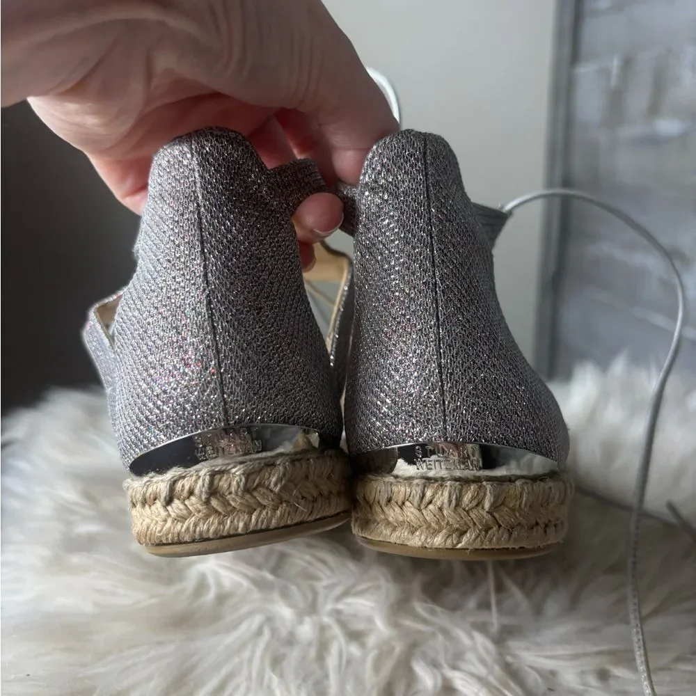 Stuart Weitzman 7 Walkmyway Silver sparkle Espadrille Flats wrap up wedding shoe